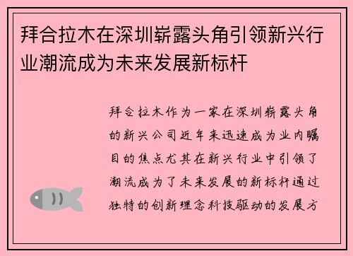 拜合拉木在深圳崭露头角引领新兴行业潮流成为未来发展新标杆